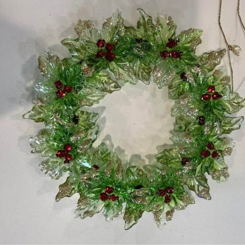 Green Glass Holly Christmas Wreath Ornament